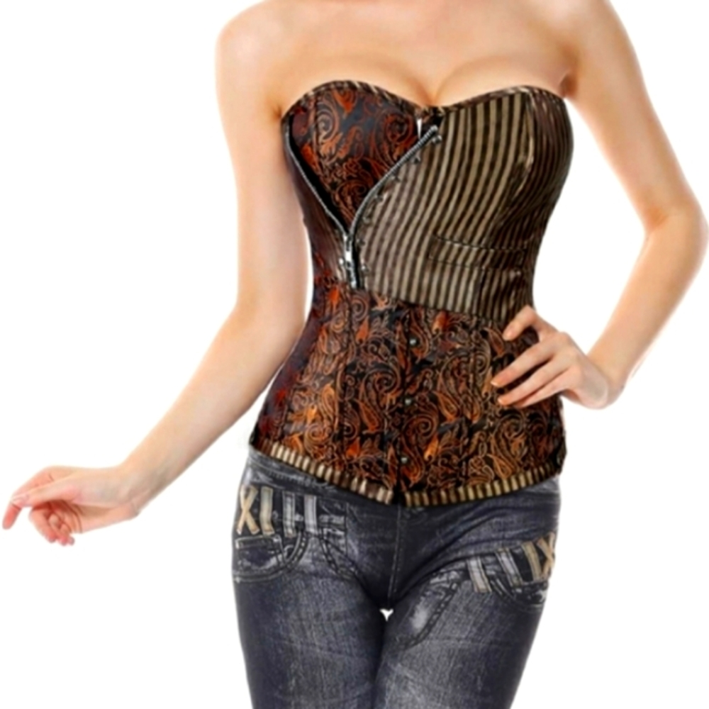 Steampunk Retro Brocade Victorian striped Corset Golden Brown - Picture 1 of 16